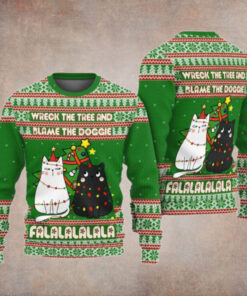 Cat Wreck The Tree And Blame The Doggie Falalalalala Ugly Christmas Sweater