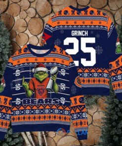 Chicago Bears x Grinch Christmas Dr. Seuss How the Grinch Stole Christmas with Super Bowl Trophy Custom Ugly Christmas Sweater