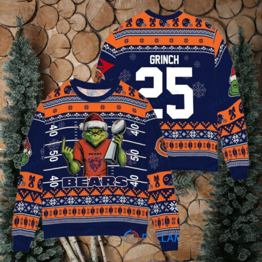 Chicago Bears x Grinch Christmas Dr. Seuss How the Grinch Stole Christmas with Super Bowl Trophy Custom Ugly Christmas Sweater