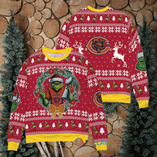 Chicago Bears x Grinch NFL Dr. Seuss How the Grinch Stole Christmas with Super Bowl Trophy Ugly Christmas Sweater Red