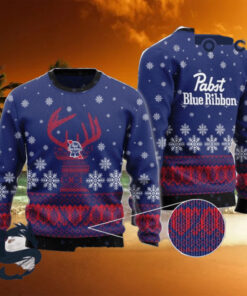 Christmas 2024 Blue Pabst Blue Ribbon Reindeer Snowy Ugly Sweater