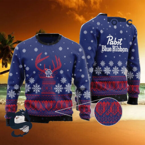 Christmas 2024 Blue Pabst Blue Ribbon Reindeer Snowy Ugly Sweater