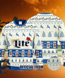 Christmas 2024 Miller Lite Reindeer Snowy Night Ugly Sweater