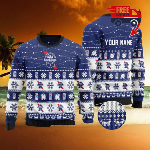 Christmas 2024 Personalized Christmas Twinkle Lights PBR Beer Ugly Sweater