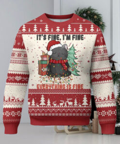 Christmas Black Cat Ugly Christmas Sweater It’s Fine I’m Fine Everything Is Fine Xmas Light Funny