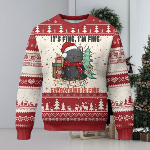 Christmas Black Cat Ugly Christmas Sweater It’s Fine I’m Fine Everything Is Fine Xmas Light Funny