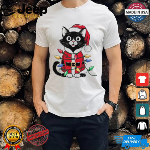 Christmas Cats Santa Hat Meowy Christmas Light Cat Shirt