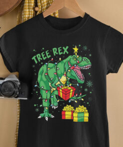 Christmas Dinosaur Tree Rex Pajamas Xmas Lights Funny shirt