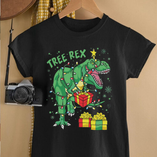 Christmas Dinosaur Tree Rex Pajamas Xmas Lights Funny shirt