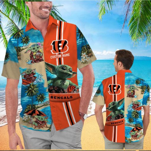 Cincinnati Bengals Baby Yoda Name Personalized Short Sleeve Button Up Tropical Hawaiian Shirt