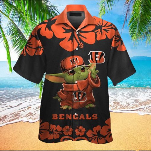 Cincinnati Bengals Baby Yoda Short Sleeve Button Up Tropical Hawaiian Shirt