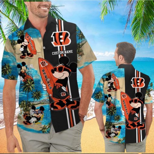 Cincinnati Bengals Mickey Name Personalized Short Sleeve Button Up Tropical Hawaiian Shirt