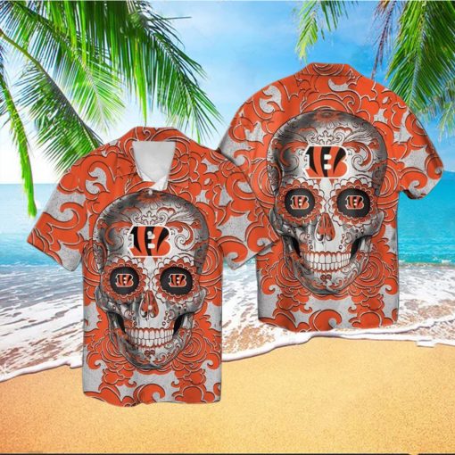 Cincinnati Bengals Sugarskull Short Sleeve Button Up Tropical Hawaiian Shirt