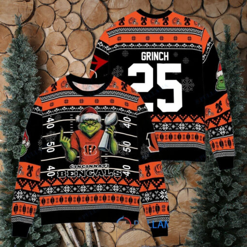 Cincinnati Bengals x Grinch Christmas Dr. Seuss How the Grinch Stole Christmas with Super Bowl Trophy Custom Ugly Christmas Sweater