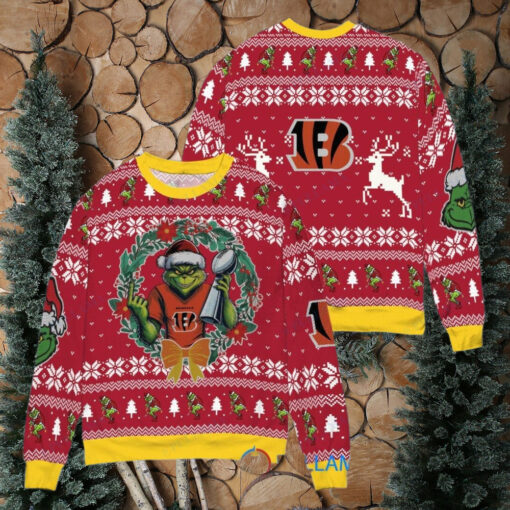 Cincinnati Bengals x Grinch NFL Dr. Seuss How the Grinch Stole Christmas with Super Bowl Trophy Ugly Christmas Sweater Red