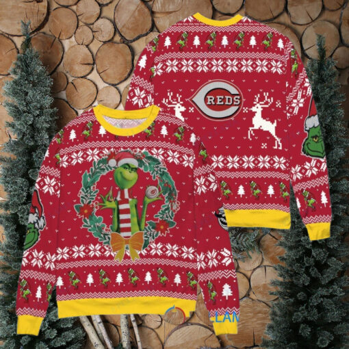 Cincinnati Reds x Grinch Dr. Seuss How the Grinch Stole Christmas MLB with World Series Trophy Ugly Christmas Sweater Red