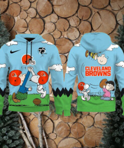 A cozy hoodie celebrating the 75th anniversary of Snoopy and the Peanuts gang, featuring a unique collaboration with the Cleveland Browns, combining NFL pride with timeless cartoon charm.