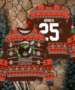 Cleveland Browns x Grinch Christmas Dr. Seuss How the Grinch Stole Christmas with Super Bowl Trophy Custom Ugly Christmas Sweater