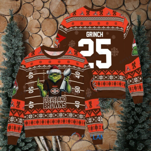 Cleveland Browns x Grinch Christmas Dr. Seuss How the Grinch Stole Christmas with Super Bowl Trophy Custom Ugly Christmas Sweater