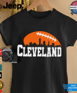 Cleveland Skyline OH Football Game Day shirt featuring a vibrant graphic of the Cleveland skyline, paired with football-themed elements, perfect for showcasing team spirit on game day.