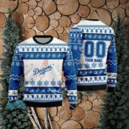 Custom Name Dodgers Ugly Christmas Sweater With Snowflakes