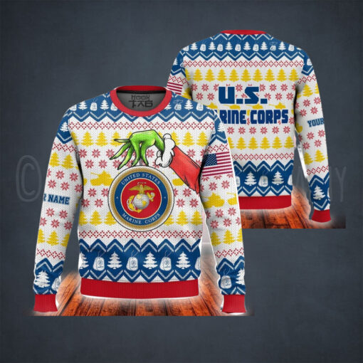 Custom Name Grinch X Us Marines Ugly Sweater V2