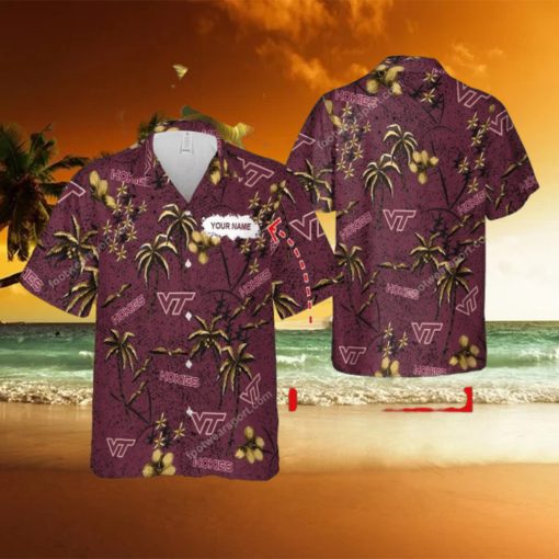 Custom Name Virginia Tech Hokies Aloha 3D Hawaiian Shirt Gold Flower Vintage Gift Summer