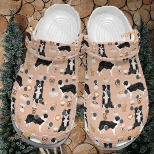 Cute Border Collie with Coffee Patterned Dog Crocs for Fans