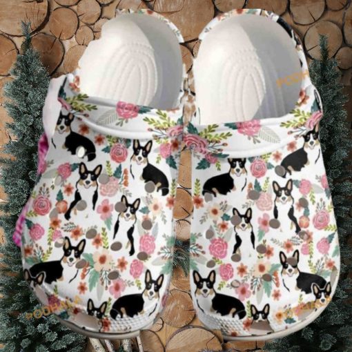 Cute Cartoon Corgi Floral Pattern Dog Crocs for Corgi Fans