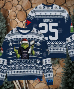 Dallas Cowboys x Grinch Christmas Dr. Seuss How the Grinch Stole Christmas with Super Bowl Trophy Custom Ugly Christmas Sweater