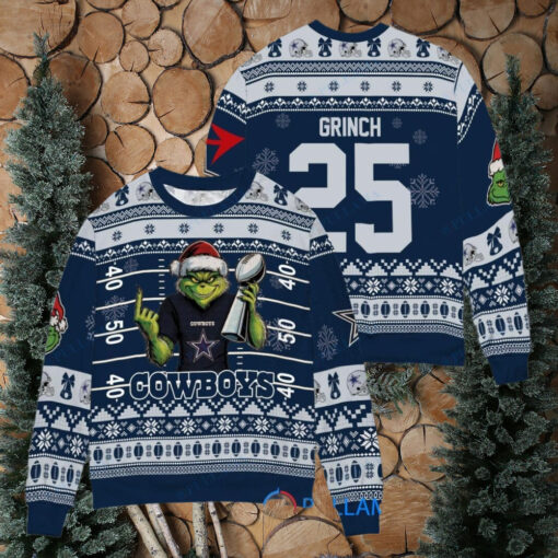 Dallas Cowboys x Grinch Christmas Dr. Seuss How the Grinch Stole Christmas with Super Bowl Trophy Custom Ugly Christmas Sweater