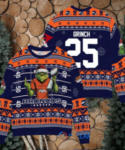 Denver Broncos x Grinch Christmas Dr. Seuss How the Grinch Stole Christmas with Super Bowl Trophy Custom Ugly Christmas Sweater