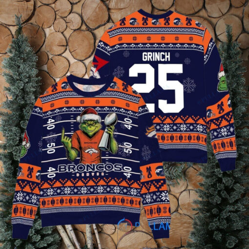 Denver Broncos x Grinch Christmas Dr. Seuss How the Grinch Stole Christmas with Super Bowl Trophy Custom Ugly Christmas Sweater