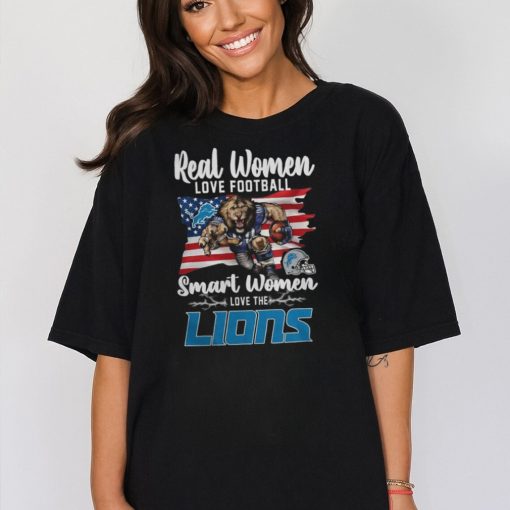 Detroit Lions Real Women Love Football Smart Women Love The Lions American Flag 2023 T Shirt