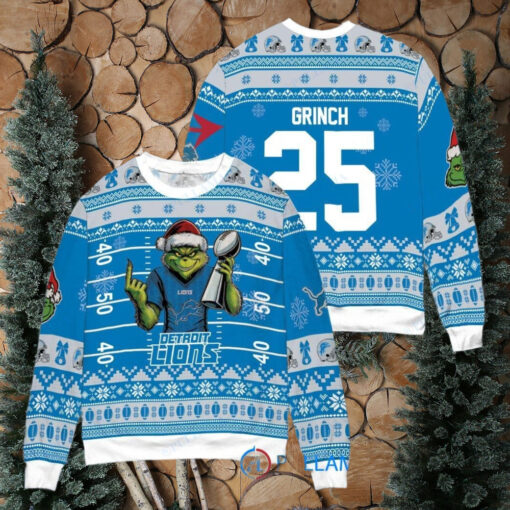 Detroit Lions x Grinch Christmas Dr. Seuss How the Grinch Stole Christmas with Super Bowl Trophy Custom Ugly Christmas Sweater