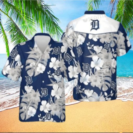 Detroit Tigers Monochrome Floral Blue Hawaiian Shirt