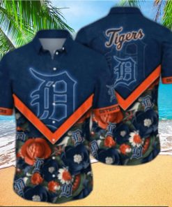 Detroit Tigers Navy Blue Hibiscus And Orange Highlights Aloha Shirt