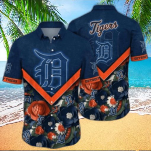 Detroit Tigers Navy Blue Hibiscus And Orange Highlights Aloha Shirt