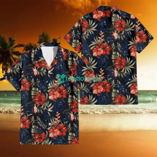 Detroit Tigers Red Hibiscus Green Leaf Dark Background 3D Hawaiian Shirt Gift For Fans