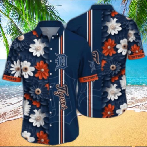 Detroit Tigers Tropical Navy Hawaiian Shirt With White Orange Floral Patterns