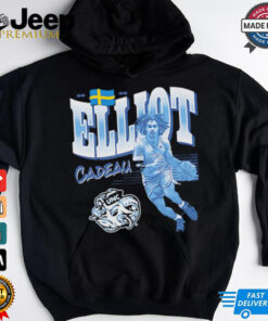Elliot Cadeau Cartoon Shirt UNC Signature Edition featuring a fun, cartoon-style illustration of Elliot Cadeau in his UNC uniform, with his signature and vibrant team colors, celebrating his talents and impact on the University of North Carolina basketball team.