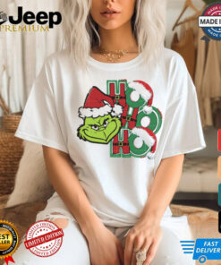 Grinch Face Ho Ho Ho Santa Hat shirt featuring a festive design with the Grinch's face wearing a Santa hat and the classic 