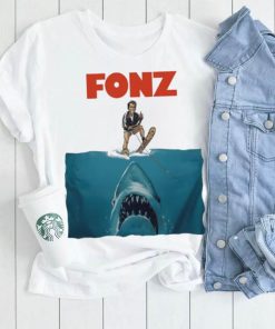 Fonz surfing sharks below shirt