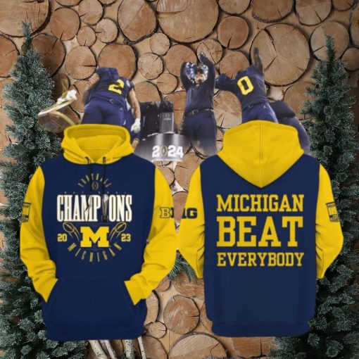 Football National Champions Michigan Beat Everybody 2023 Blue Yellow Design 3D Hoodie