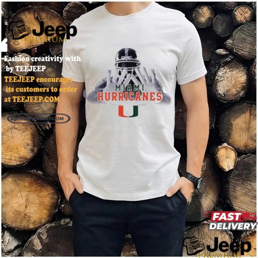 Football player garb Miami Hurricanes logo shirt