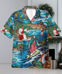 Funny Jesus Surfing On Island 3D Hawaiian Shirt Summer Vaction Gift