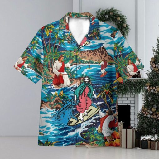 Funny Jesus Surfing On Island 3D Hawaiian Shirt Summer Vaction Gift