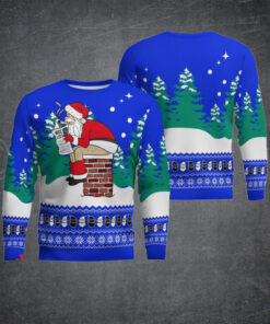 Funny Santa Sits On The Chimney Ugly Christmas Sweater Blue