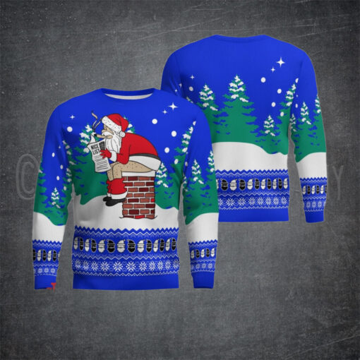 Funny Santa Sits On The Chimney Ugly Christmas Sweater Blue