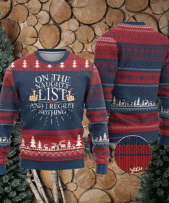 Funny Xmas Ugly Christmas Sweater On The List Of Naughty And I Regret Nothing Middle Finger